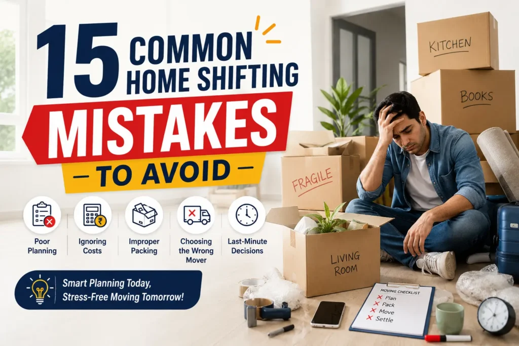 Featured image for “15 Common Home Shifting Mistakes to Avoid” showing a stressed man sitting among moving boxes in a new home while unpacking. Large bold text highlights the title, with icons representing common moving mistakes such as poor planning, ignoring costs, improper packing, choosing the wrong movers, and making last-minute decisions. The design uses a clean, modern layout suitable for a blog featured image